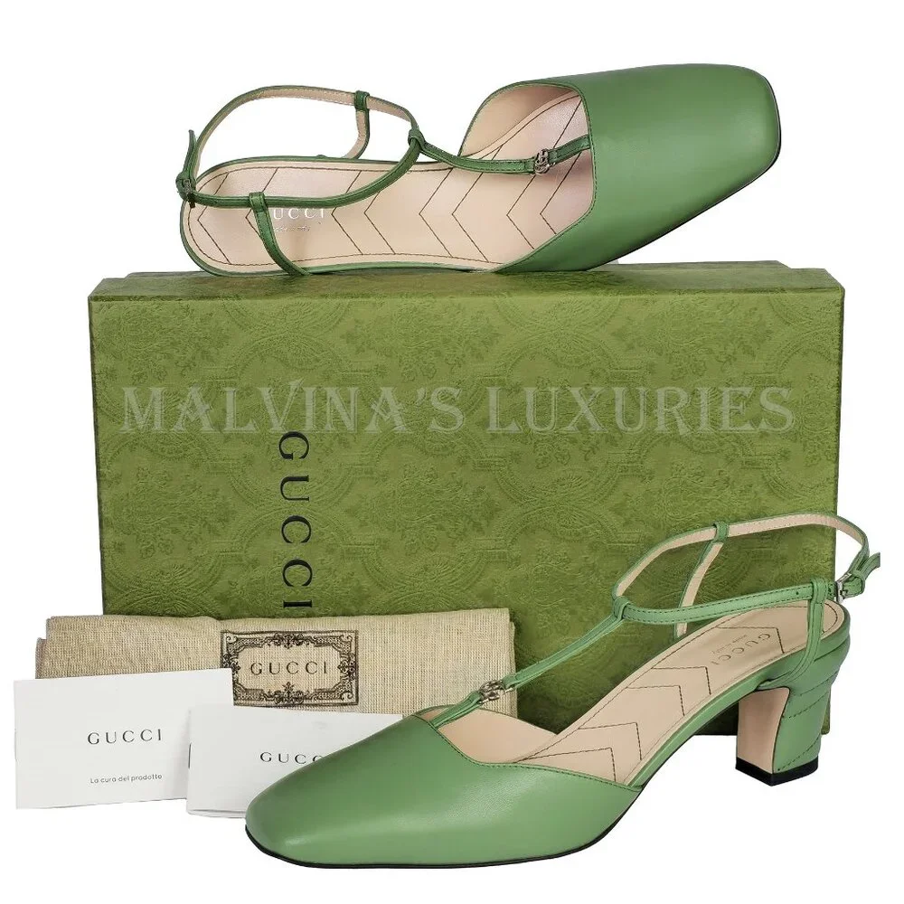 GUCCI SHOES T-STRAP GREEN LEATHER DOUBLE G LOGO SLINGBACK PUMPS 40 10 - Picture 2 of 16